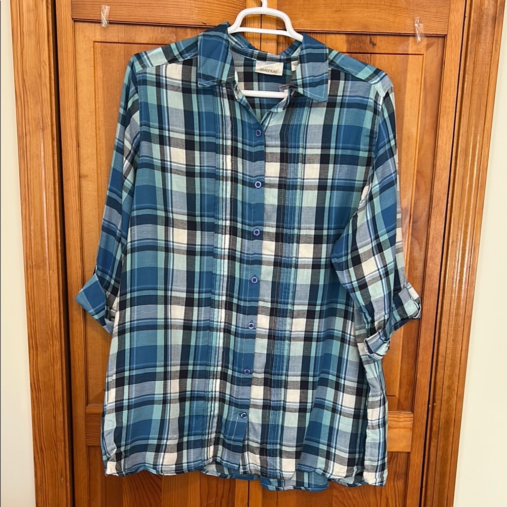 Avenue Blue Plaid Cotton Button‑Down Shirt Plus 30/32 New Pleated Front